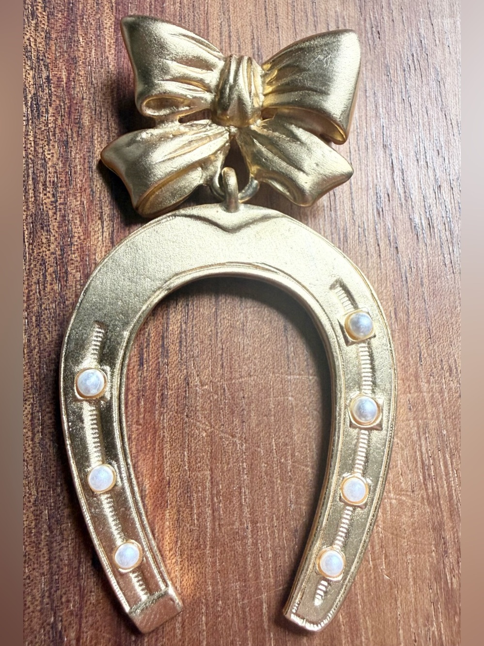 Vintage Gold Tone Horseshoe Brooch with Bow Faux Pearly Accents Luck Dangling